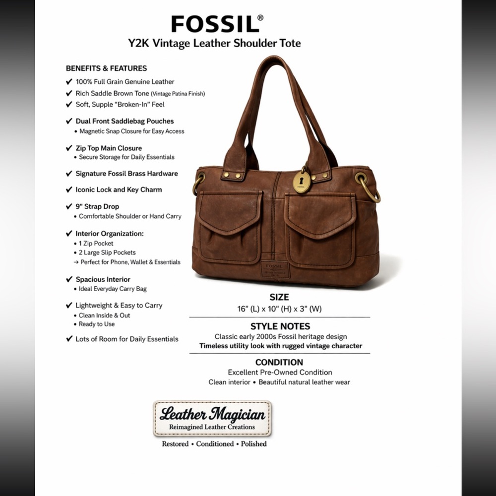 Fossil Y2K Vintage Olive Brown Leather Crossbody Shoulder Tote